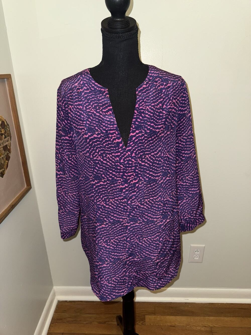 Ellie Kai Womens Size 8 Top Tunic 100% Silk Pleated 3/4 Sleeve Airy Flowy Purple